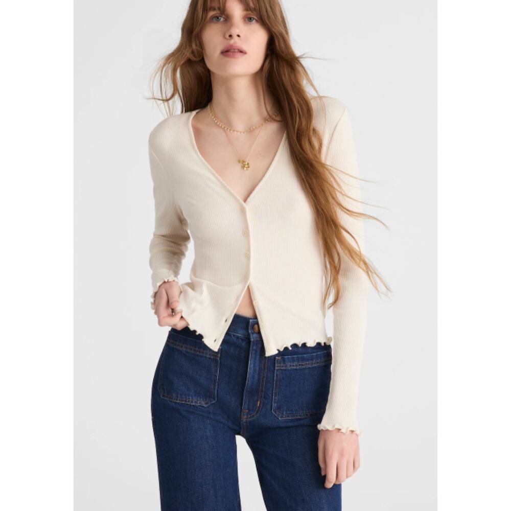 Madewell | NWT Lettuce Hem V Neck Cardigan Ivory Ribbed | Sz XXS